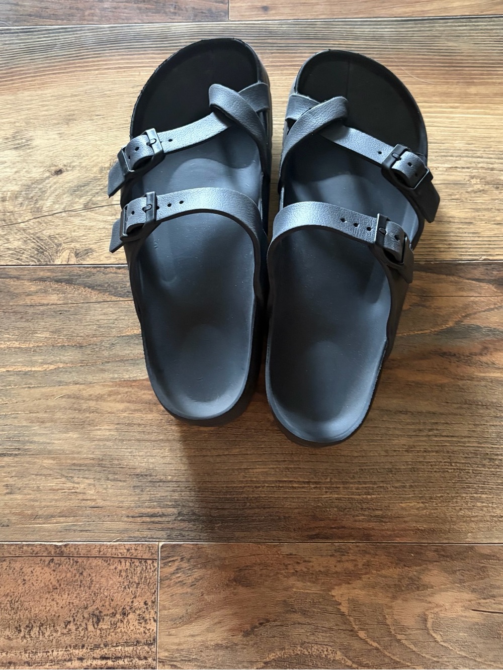 Women’s Black Two-Strap Buckle Sandals with Toe Loop - Picture 2 of 3